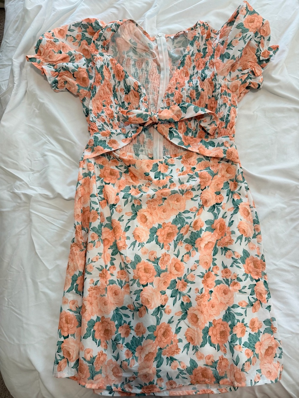 Peach Floral Tie-Front Mini Dress